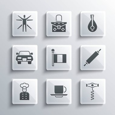 Kahve fincanı, şarap tirbuşonu, raptiye, bayraklı İtalya bayrağı, İtalyan aşçı, araba, Vitruvian Man ve Mandolin ikonu. Vektör