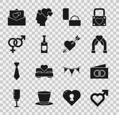Erkek cinsiyeti, tebrik kartı, düğün kemeri, elmas nişan yüzüğü, şampanya şişesi, cinsiyet ve aşk ikonu. Vektör