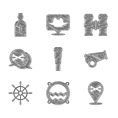 Spyglass teleskop lensleri, deniz manzaralı gemi penceresi, korsan konumu, top, direksiyon simidi, dürbün ve Rom ikonu. Vektör