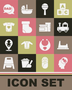 Bebek emziği, lazımlık, oyuncak tren, oyuncak bebek oyuncağı, çoraplar, konuşma köpüğü baba ve yemek ikonu hazırla. Vektör