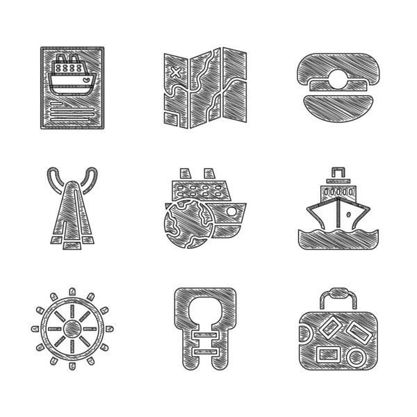 Set Cruise Ship Life Jacket Suitcase Ship Steering Wheel Towel — Stock Vector