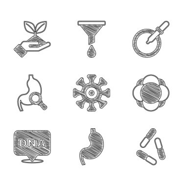 Bakteri, insan midesi, virüs, molekül, DNA sembolü, büyüteçli mide, petri kabı pipeti ve bitki el ikonu. Vektör
