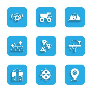 Mücevher taşı, Kova tekerleği kazıcısı, Madenci miğferi, giriş, altın külçeler ve gaz maskesi ikonu. Vektör