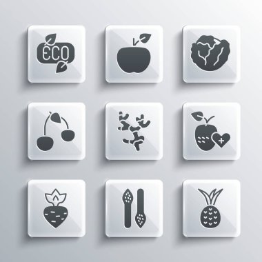 Kuşkonmaz, ananas, sağlıklı meyve, zencefil kökü, şalgam, kiraz, yapraklı eko sembolü ve lahana ikonu. Vektör