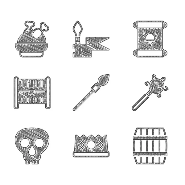 Ortaçağ mızrağı, kral tacı, tahta fıçı, dikenli topuz, kafatası, antik hazine sandığı, ferman, parşömen, parşömen, parke ve kızarmış hindi veya tavuk ikonu. Vektör