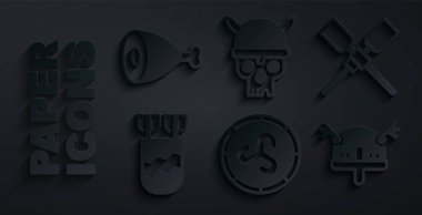 Shield Viking 'i, kürekleri veya kürekleri, oklu Quiver' ı, Viking boynuzlu kaskını, Kafatası ve Tavuk budu ikonunu ayarlayın. Vektör