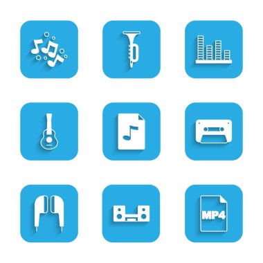 MP3 dosya belgesi, MP4, Retro ses kaseti, Air kulaklıkları, Gitar, Müzik eşitleyicisi ve nota, ton simgesi olmak üzere iki hoparlörlü ev teybi ayarla. Vektör