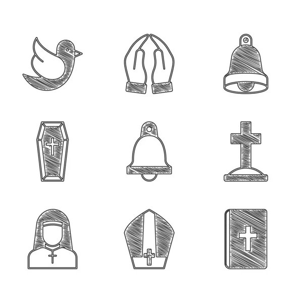 Set Church Bell Pope Hat Holy Bible Book Grave Cross — Image vectorielle