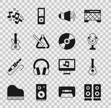 Stereo hoparlör, Gitar, Mikrofon, Megaphone, Üçgen müzik enstrümanı, elektro bas gitar, müzik notası, ton ve Vinil disk simgesi. Vektör