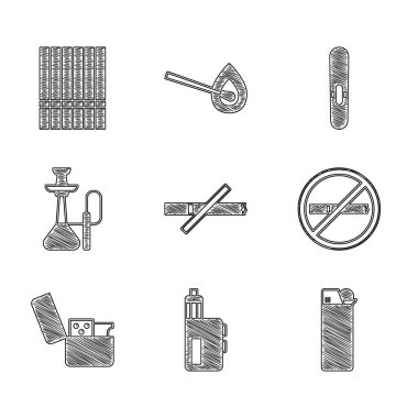 Sigara içilmez, Vape mod cihazı, Çakmak, Nargile, Puro ve Sigara ikonu. Vektör