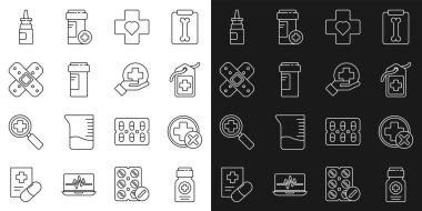 İlaç şişesi, Cross hastanesi sağlık, etiket, haçlı kalp, çapraz bandaj, şişe burun spreyi ve ikon. Vektör