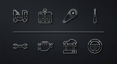 Çekici, İngiliz anahtarı, tornavida, asansörde tamir arabası, kontrol motoru, vites kolu, direksiyon ve zamanlama kemeri ikonu ayarlayın. Vektör