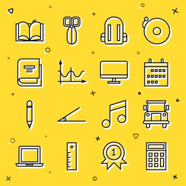 Satır Hesap Makinesi, Okul Otobüsü, Takvim, sırt çantası, Grafik, çizelge, grafik, diyagram, Kitap, Açık Kitap ve Bilgisayar monitörü simgesi. Vektör