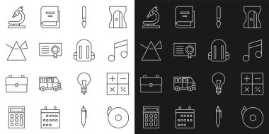 Set line Ringing alarm bell, Calculator, Music note, tone, Paint brush, Certificate template, Light rays prism, Microscope and School backpack icon. Vector