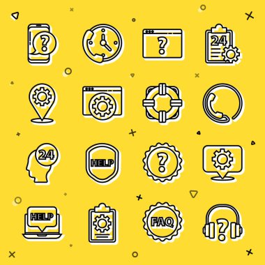 Hat kulaklıkları, ekipmanlı konum, 24 saat telefon desteği, tarayıcı soru işareti, ayar, Mobil ve Lifebuoy simgesi. Vektör