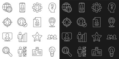 Ampul, Proje ekibi üssü, konum belirleyici, insan teçhizatı, hesap ekranı, avcılık, Globe ve insanlar ve Devam simgesi oluşturun. Vektör