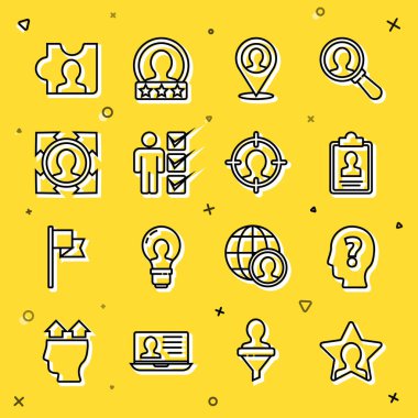 Çizgi başı avcılığı, soru işareti, pano özgeçmişi, yer belirleyici, erkek giysisi kullanıcısı ve simge. Vektör