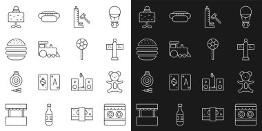 Atış poligonu, oyuncak ayı pelüş oyuncağı, trafik levhası çekiçli Striker cazibesi, oyuncak tren, Burger, sihirli top masası ve lolipop ikonu. Vektör