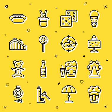 Çizgiyi kutuda patlamış mısır, dönme dolap, sihirli top, zar oyunu, lolipop, lunapark treni, hedef ikonlu Hotdog ve av tavşanı. Vektör