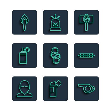 Vandal, Biber gazı, Islık, Protesto, Kelepçe, El bombası, Meşale alevi ve Dikenli Tel ikonu. Vektör