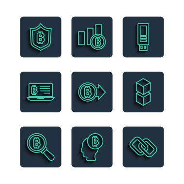 Bitcoin, Zincir bağlantısı, USB flaş bellek, dizüstü bilgisayar, Kalkan ve Blockchain teknolojisi ikonu ile hat büyüteç ayarla. Vektör