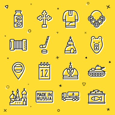 Set line Tin can with caviar, Military tank, Bear head, Kosovorotka, Ice hockey stick and puck, Accordion, Pickled cucumbers jar and The Tsar bell icon. Vector