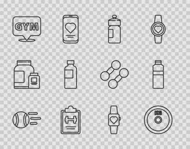 Saha çizgisi, tenis topu, ağırlık plakası, fitness karıştırıcı, spor eğitim programı, spor salonu, Smartwatch ve ikon. Vektör