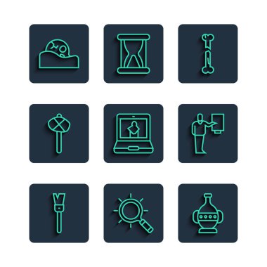 Boya fırçası, büyüteç, antik amfora, insan kemiği, çevrimiçi müze, taş devri çekiç, kafatası ve müze rehberi ikonu. Vektör