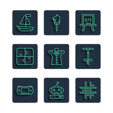 Satır çizgisi taşınabilir video oyun konsolu, robot oyuncağı, Tic tac toe, Chalkboard, oyuncak bebek eli, bulmaca parçaları, tekne ve Pogo çubuğu zıplama ikonu. Vektör