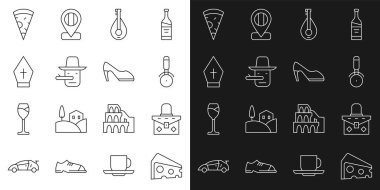 Cheese, el çantası, pizza bıçağı, Mandolin, Pinokyo, Pope şapkası, pizza dilimi ve kadın ayakkabı ikonu. Vektör