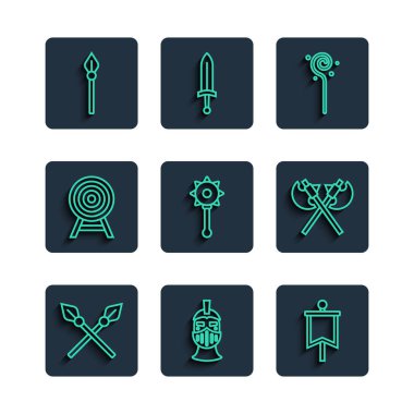 Orta çağ mızrakları, ortaçağ demir miğferi, bayrak, sihirli asa, zincirli topuz, oklu hedef ve balta ikonu. Vektör