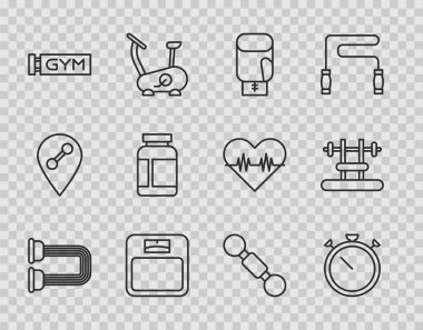Göğüs genişletme, Kronometre, Boks eldiveni, Banyo terazisi, Spor Salonu, Barbel ikonlu Şapşal ve Bench. Vektör