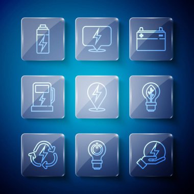 Geri dönüşümlü pil, ampul şimşeği, yıldırım, araba aküsü, elektrikli araba şarj istasyonu ve yaprak ikonu. Vektör