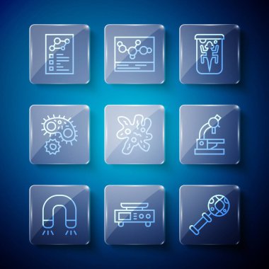 Mıknatıs, Elektronik ölçekler, DNA araştırması, arama, deneysel hayvan, hücre, virüs, klinik kayıt ve mikroskop ikonu. Vektör