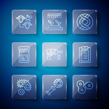 Hat Virüsü, DNA araştırması, arama, hücre bölümü, sembol, sıvı tabanca transferi, katkı maddeli kavanoz, klonlama ve klinik kayıt simgesi. Vektör