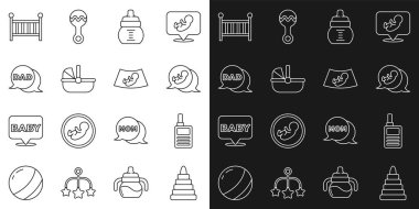 Piramit oyuncağı, bebek telsizi, şişe, bebek arabası, konuşma balonu babası, beşik beşiği ve bebek ikonunun ultrasonu. Vektör
