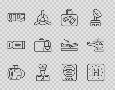 Jet motor türbini, helikopter iniş pisti, bavul, pilot, havaalanı otobüsü, tutum göstergesi ve simge ayarlayın. Vektör