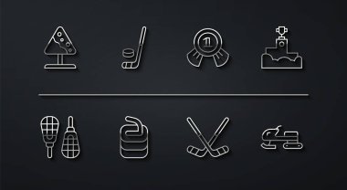Yol tabelaları çığ, kar ayakkabıları, ödüllü podyum, buz hokeyi sopaları, Curling için taş ve puck, Snowmobile ve madalya ikonu. Vektör