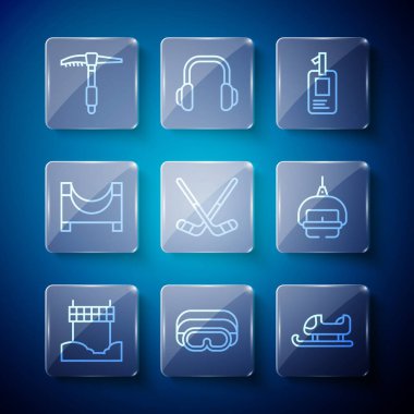 Bitiş çizgisinde şerit, kayak gözlükleri, kızak, kimlik kartı, buz hokeyi sopaları, kaykay parkı, balta ve kaldırma ikonu. Vektör