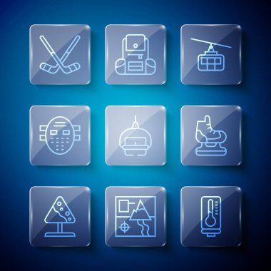 Yol işaretleri çığ, katlanmış harita, Meteoroloji termometresi, kablolu araba, kayak kaldıracı, hokey maskesi, buz hokeyi sopası ve buz pateni ikonu. Vektör