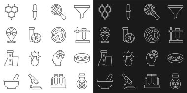 Biberonda Zehir, bakterili Petri kabı, deney tüpü standı, büyüteç, radyasyon, radyoaktif konum, kimyasal formül ve ikon altında mikroorganizmalar. Vektör