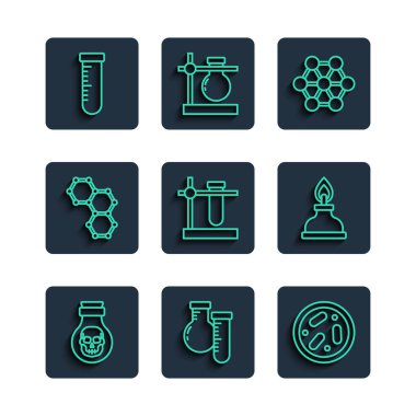 Şişe, deney tüpü ve matara, bakteri, molekül, stand, kimyasal formül ve alkol ruh yakma ikonu içeren Petri kabı yerleştirin. Vektör