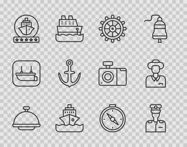 设置线覆盖托盘 船舶方向盘 指南针和游客图标 — 图库矢量图片