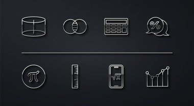 Çizgi Geometrik şekil silindiri, Pi sembolü, indirimli yüzde etiketi, x kabartmasının kare kökü, cetvel, matematik kümeleri A ve B, grafik, çizelge, çizelge ve hesap makinesi simgesi. Vektör