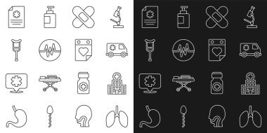 Ciğerler, tıbbi hastane binası, acil servis arabası, çapraz bandaj sıva, kalp atış hızı, koltuk değnekleri, klinik kayıtları ve doktor randevu ikonu. Vektör