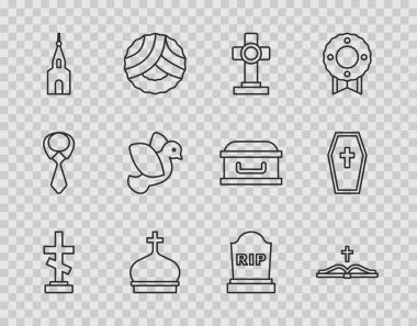 Kutsal kitap, kilise kulesi, bina, güvercin, Tombstone RIP yazılı ve tabut ikonu. Vektör