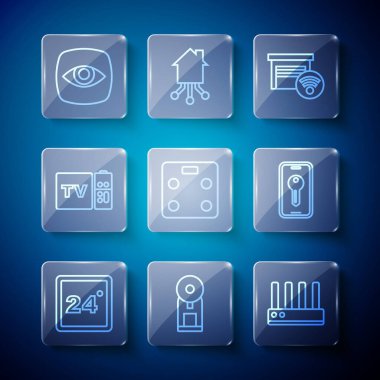 Hat termostat, akıllı kahve makinesi, Router ve wi-fi sinyali, garaj, banyo terazisi, Multimedia TV alıcısı, güvenlik kamerası ve anahtar ikonu. Vektör