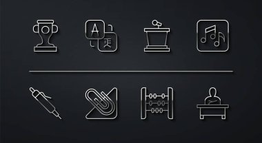 Satır ödülü kupası, kalem, müzik notası, ton, abaküs, ataç, çevirmen, okul çocuğu oturma masası ve sahne stand ikonu. Vektör