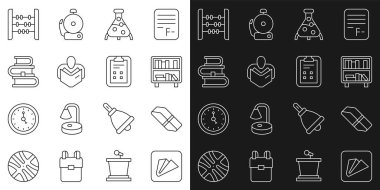 Kağıt uçak, silgi ya da kauçuk, kitaplı raf, test tüpü ve matara, adam okuma, kitap okuma, abaküs ve sınav kağıdı işaretleme simgesi. Vektör