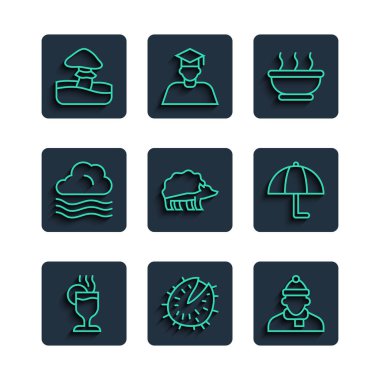 Set hattı sıcak şarap, kestane, sonbahar giysileri, bir kase sıcak çorba, kirpi, rüzgarlı hava, mantar ve şemsiye ikonu. Vektör